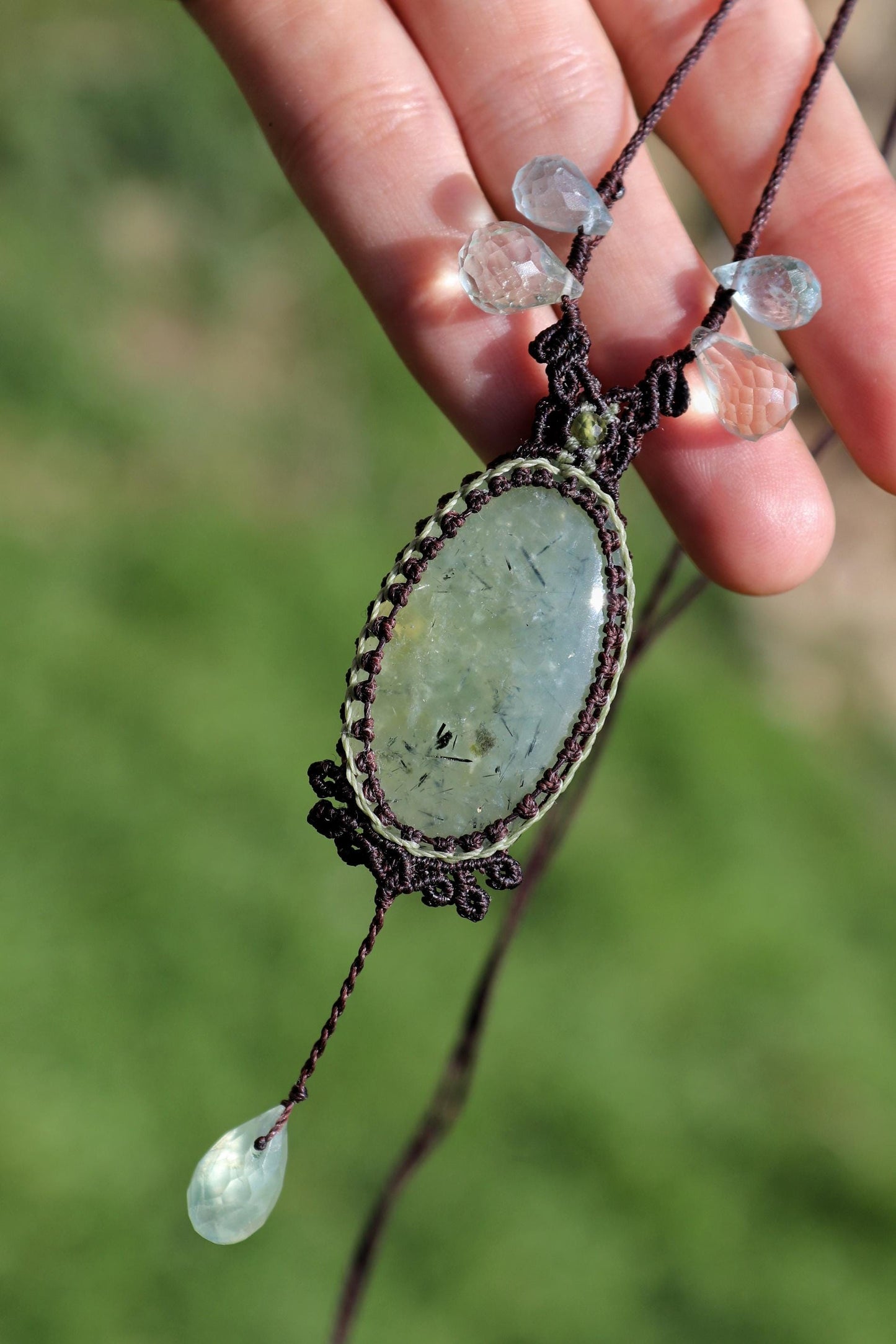 PREHNITE pendant with Aquamarine, green Amethyst and peridot