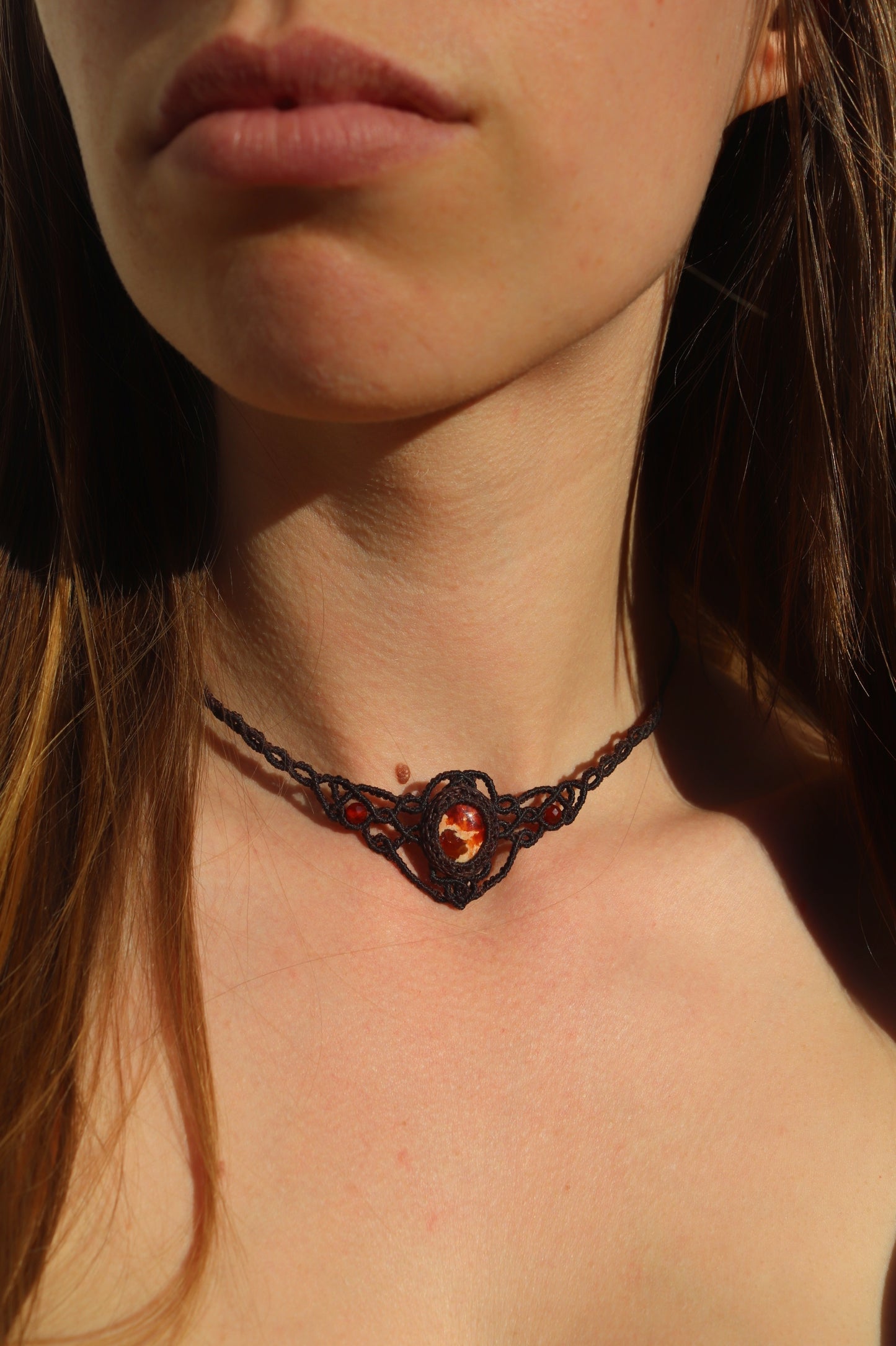 Red fire opal choker with carnelian beads