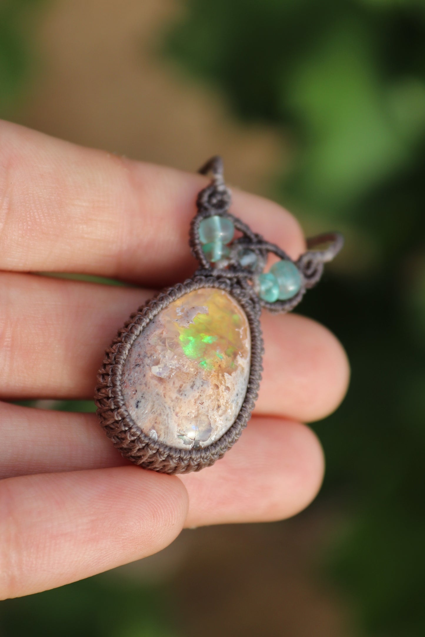 Green and purple Mexican opal pendant | Handmade Macrame Jewelry
