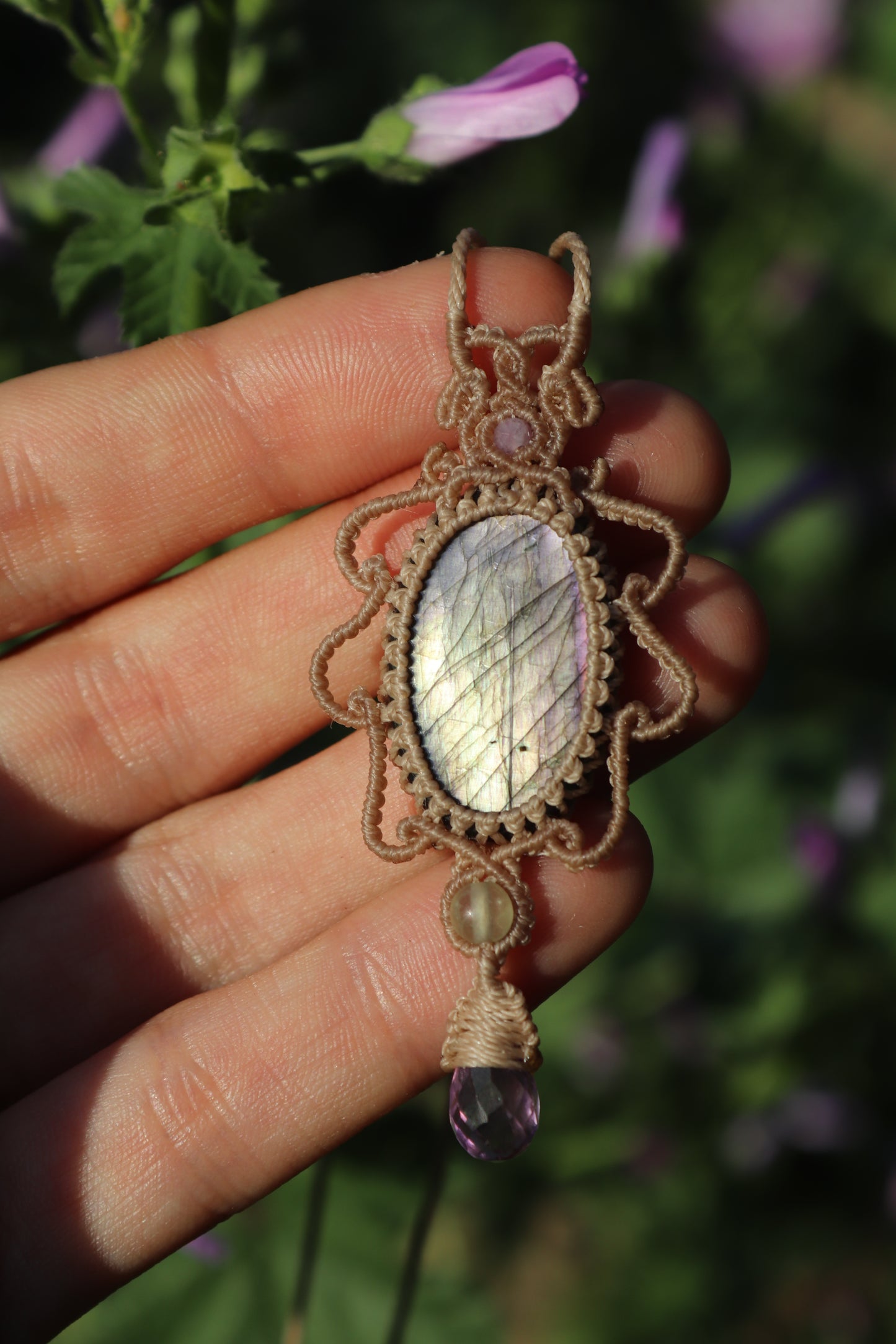 Silver and purple labradorite pendant with amethyst and fluorite beads