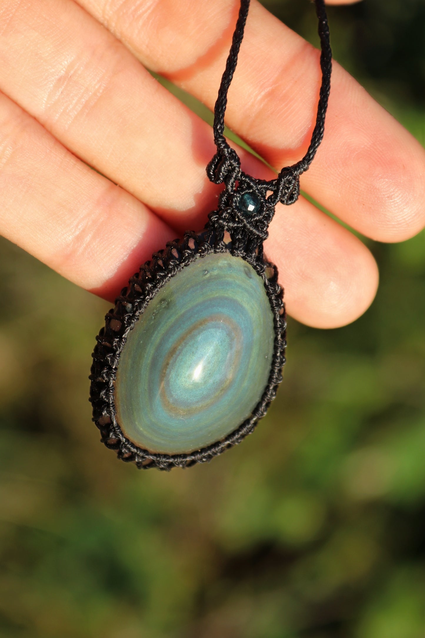 Teal blue rainbow obsidian necklace with teal tourmaline beads | Handmade Macrame Jewelry