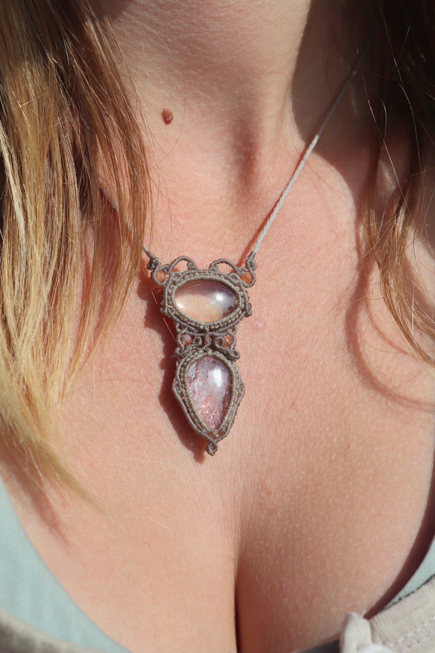 Delicate SUNSTONE and QUARTZ pendant