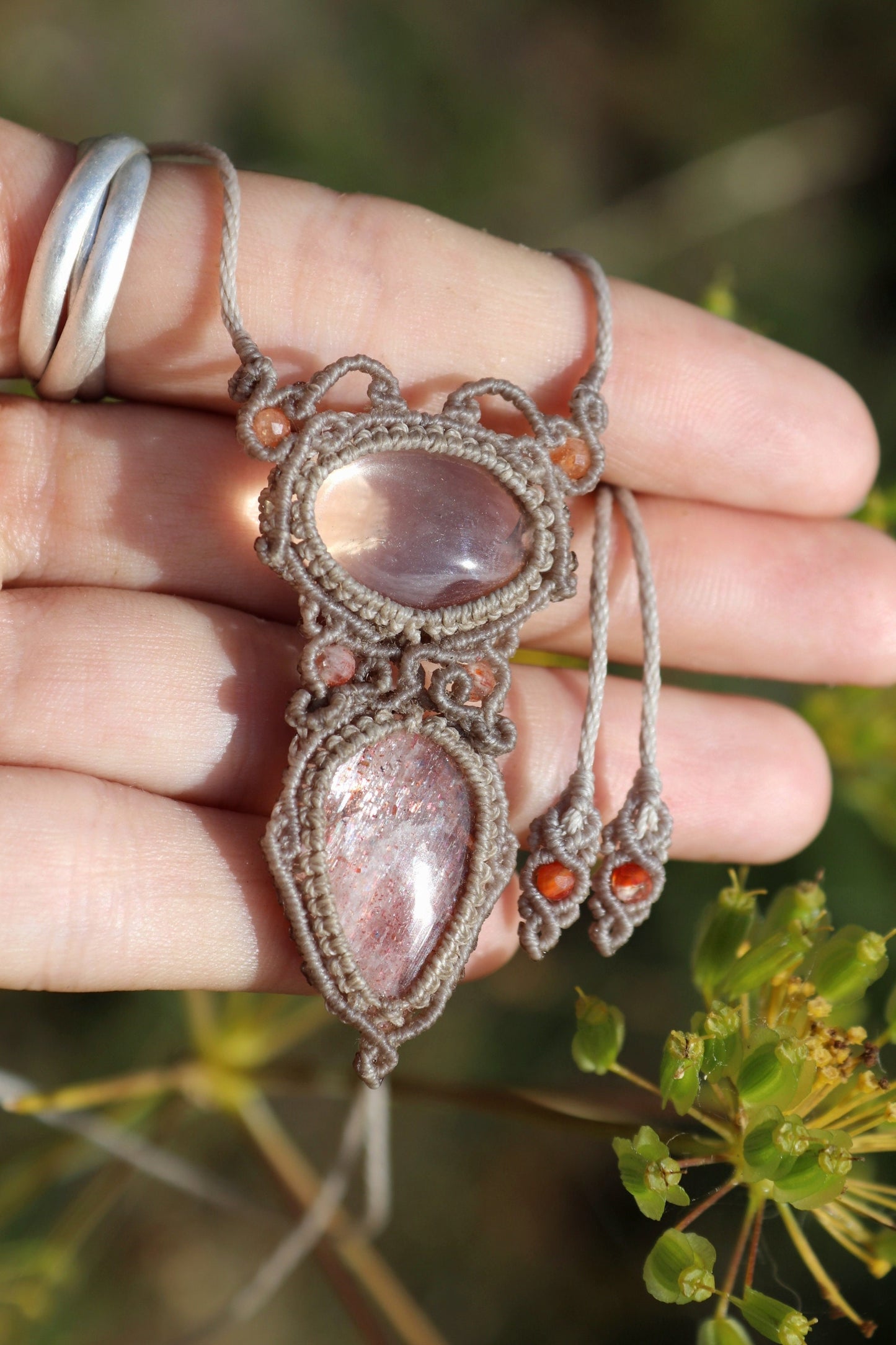 Delicate SUNSTONE and QUARTZ pendant