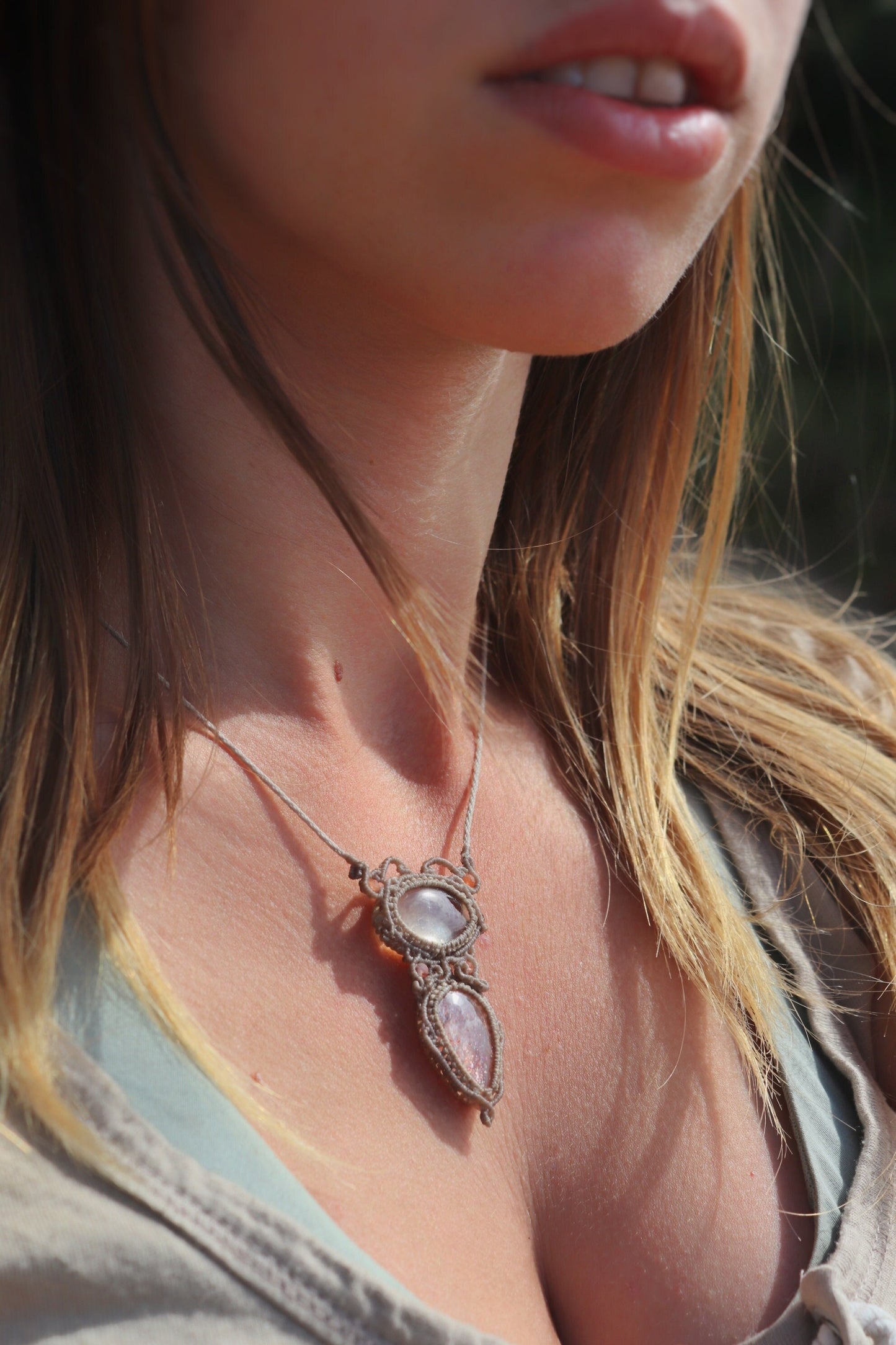 Delicate SUNSTONE and QUARTZ pendant
