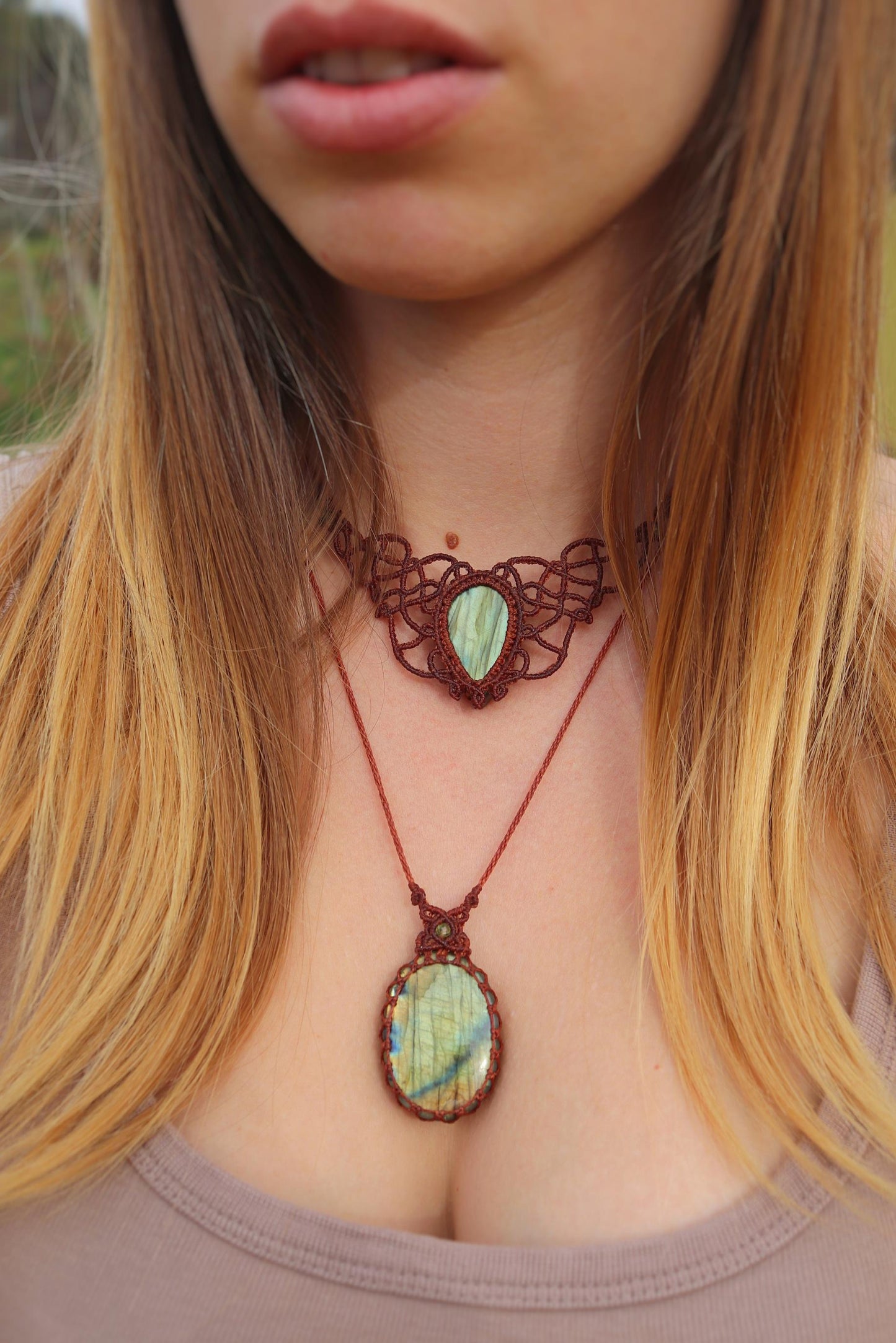 Green Fairytale LABRADORITE jewelry SET, choker & pendant