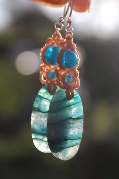 SHATTUCKITE in quartz earrings with apatite beads, 925 silver