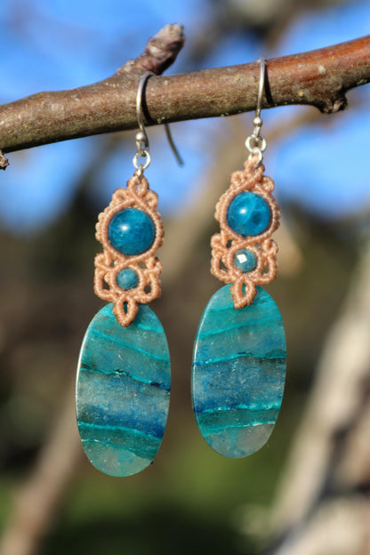 SHATTUCKITE in quartz earrings with apatite beads, 925 silver