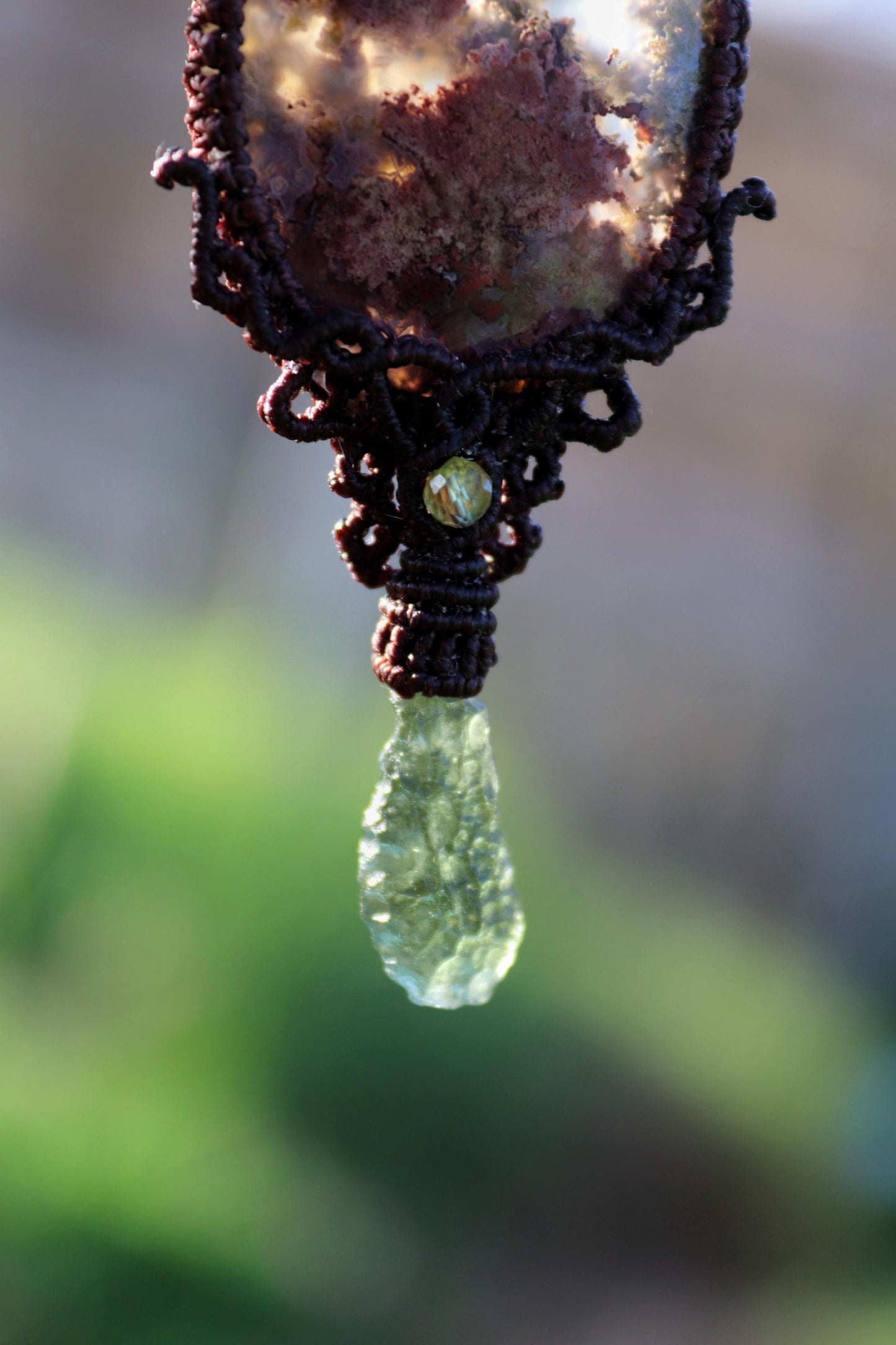 MOLDAVITE and Indonesian MOSS AGATE pendant