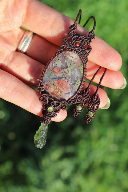 MOLDAVITE and Indonesian MOSS AGATE pendant