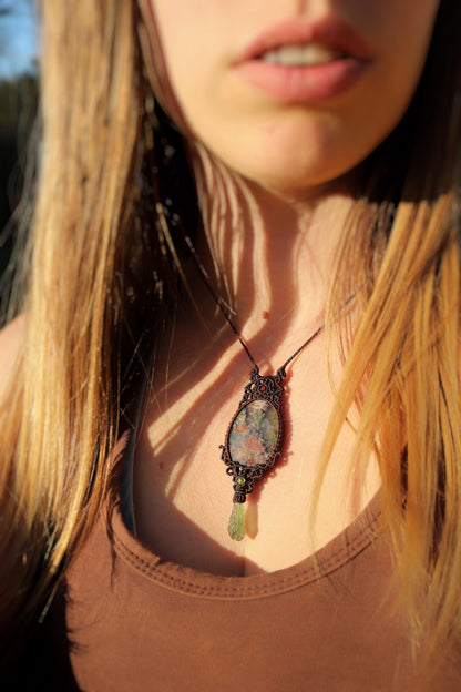 MOLDAVITE and Indonesian MOSS AGATE pendant