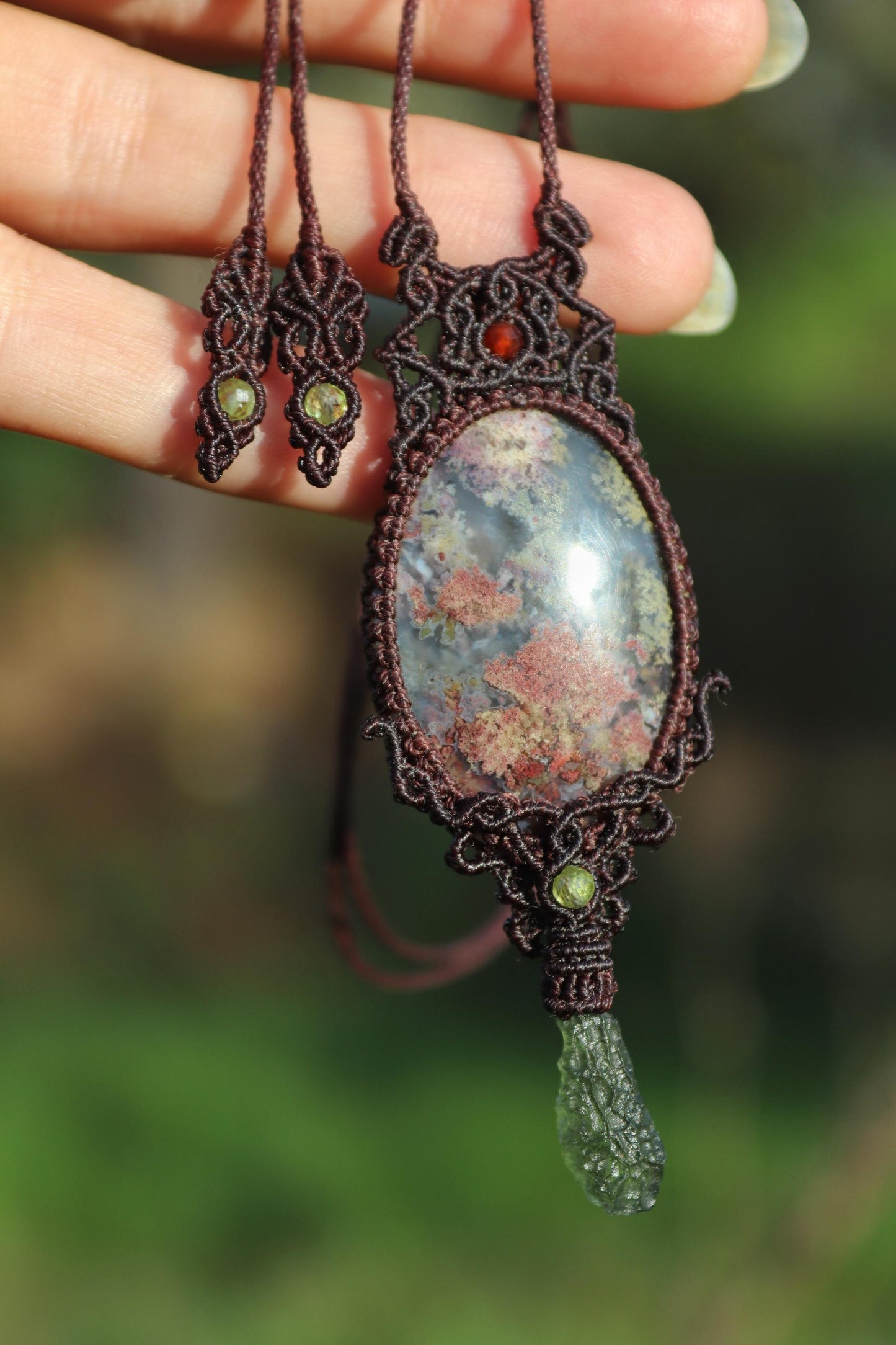 MOLDAVITE and Indonesian MOSS AGATE pendant