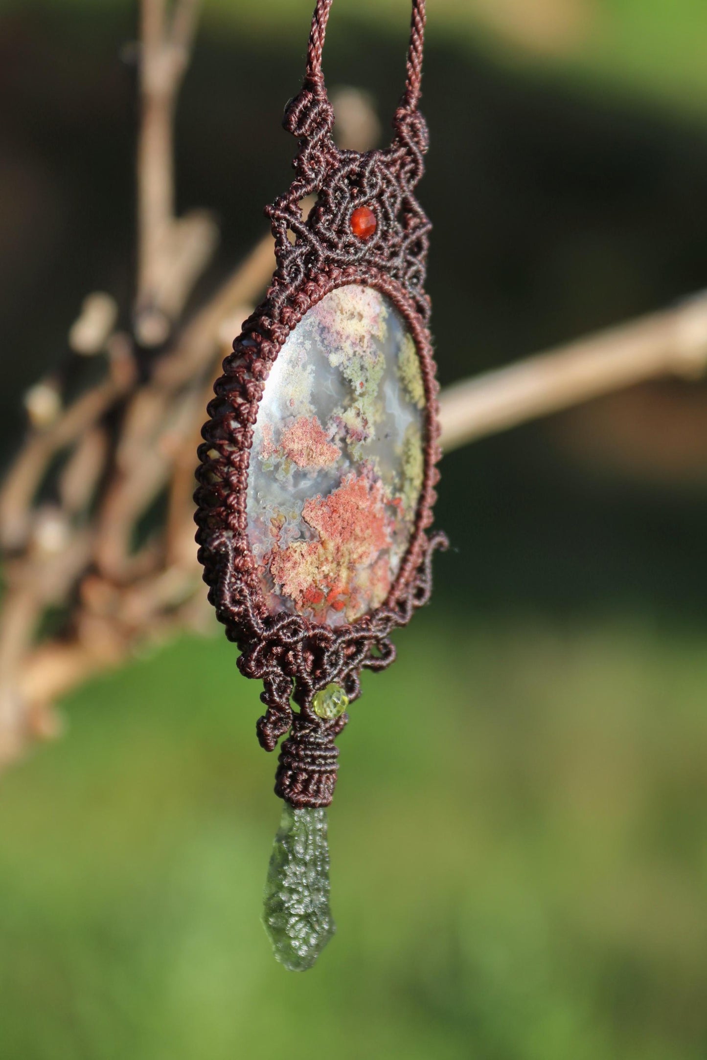 MOLDAVITE and Indonesian MOSS AGATE pendant