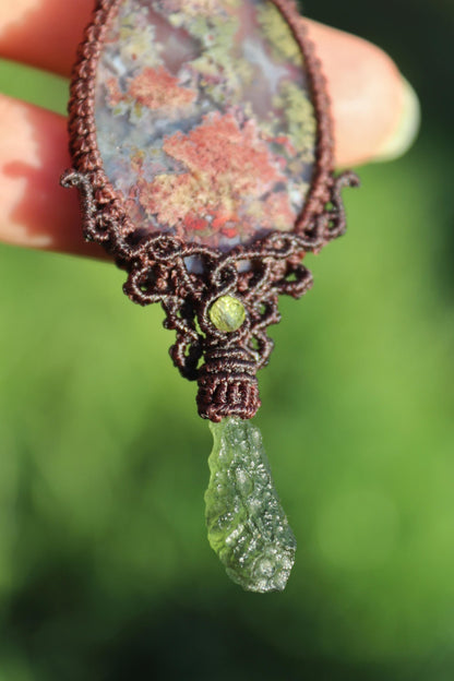 MOLDAVITE and Indonesian MOSS AGATE pendant