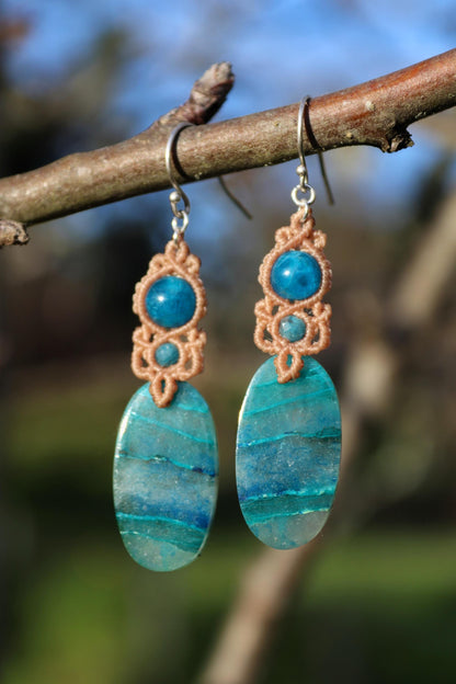 SHATTUCKITE in quartz earrings with apatite beads, 925 silver