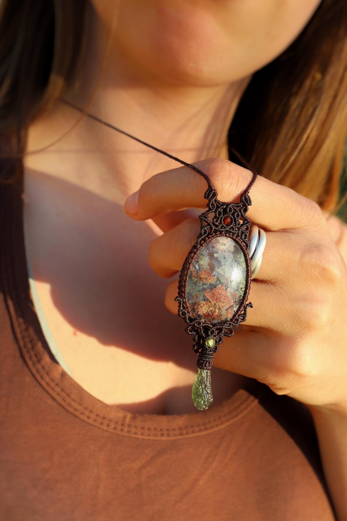 MOLDAVITE and Indonesian MOSS AGATE pendant