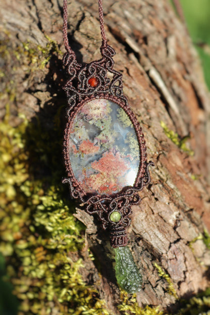 MOLDAVITE and Indonesian MOSS AGATE pendant