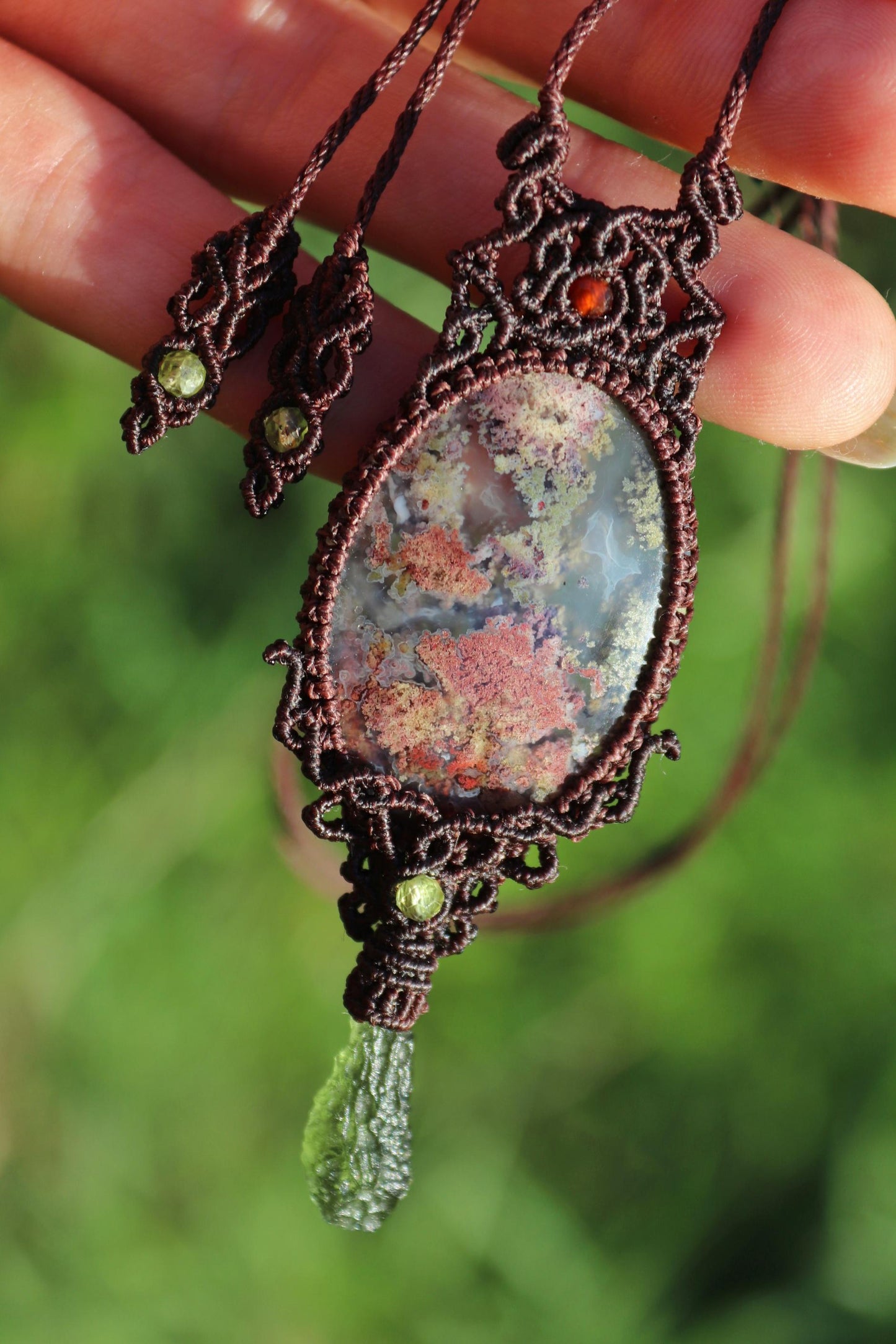 MOLDAVITE and Indonesian MOSS AGATE pendant