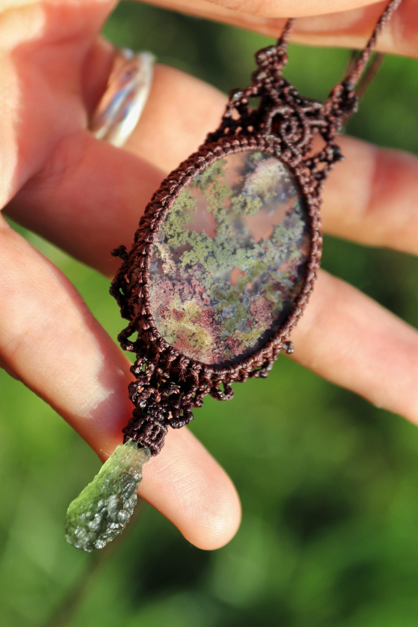 MOLDAVITE and Indonesian MOSS AGATE pendant