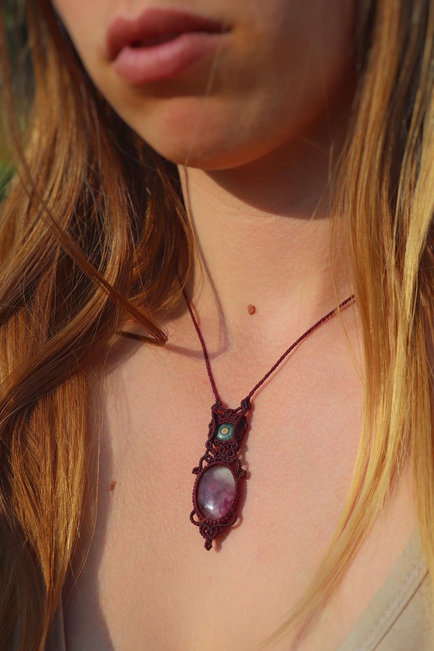 Pendentif en JASPE océanique et FLOURITE violette