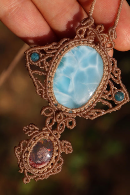 Pendentif LARIMAR & OPAL, Raie Manta et Tortue