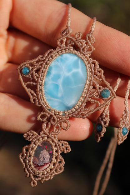 Pendentif LARIMAR & OPAL, Raie Manta et Tortue