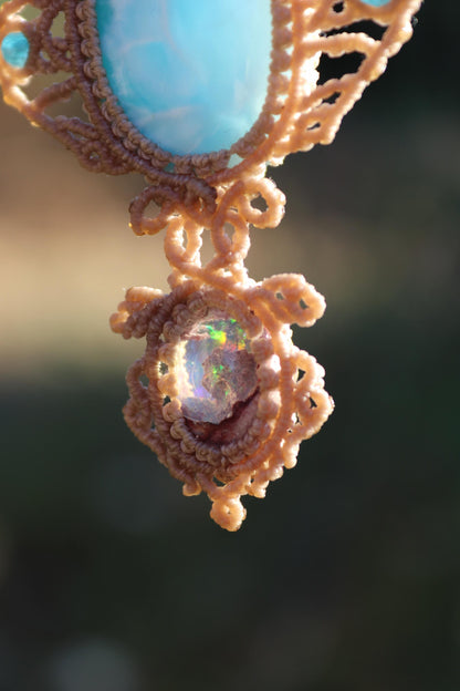 Pendentif LARIMAR & OPAL, Raie Manta et Tortue