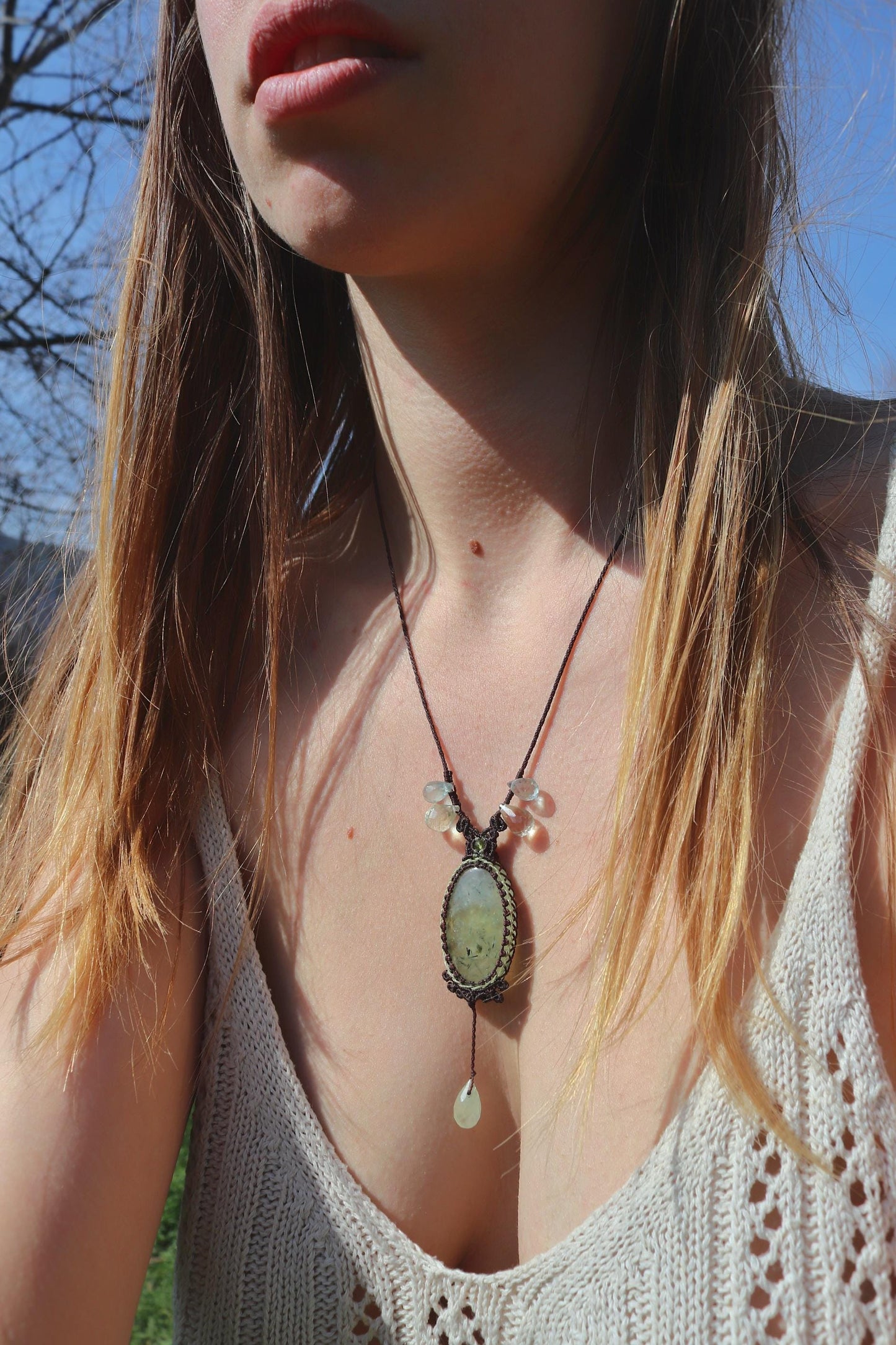 Pendentif PREHNITE avec Aigue-marine, Améthyste verte et péridot