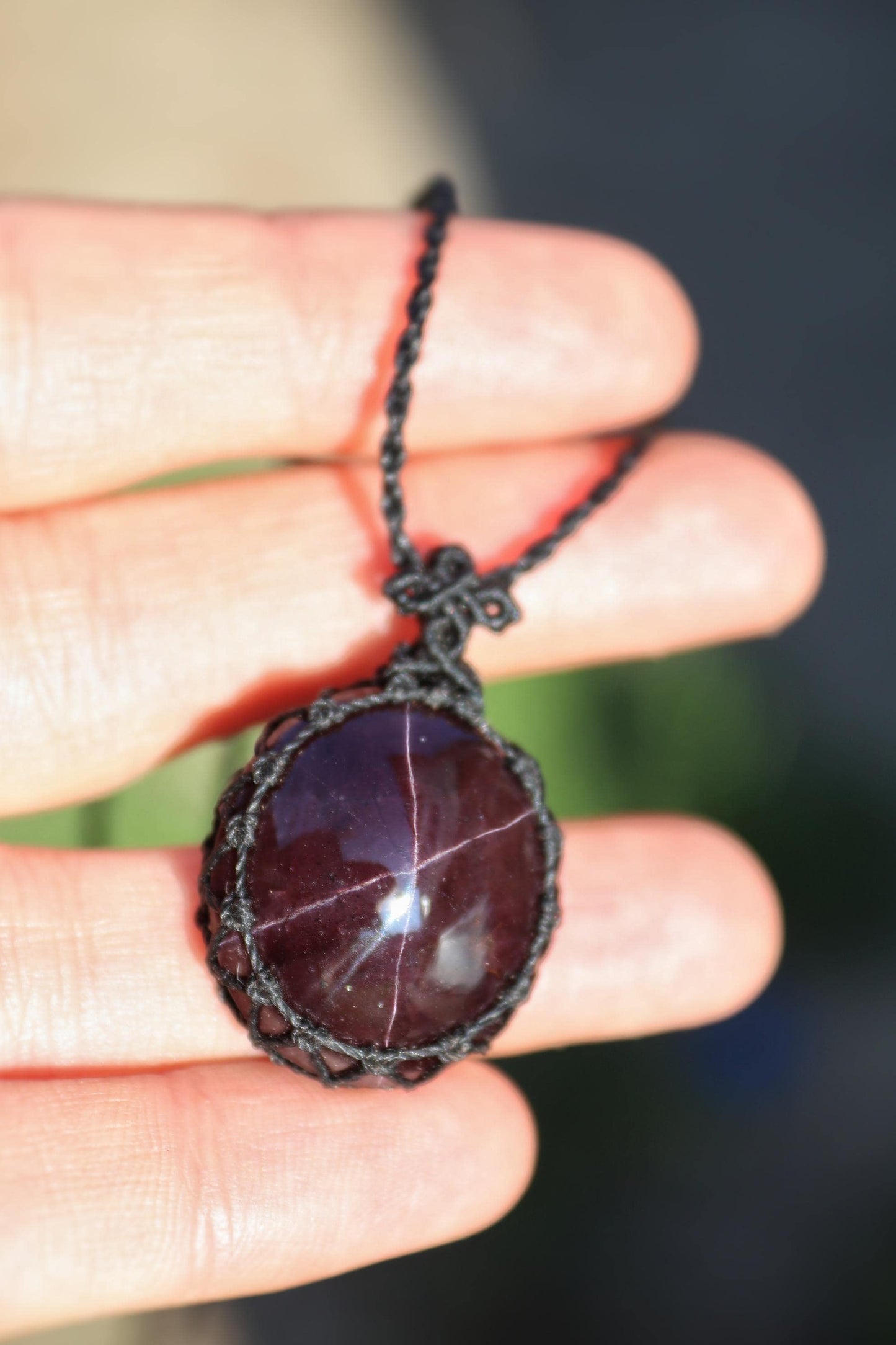 Star RUBY pendant in black macrame