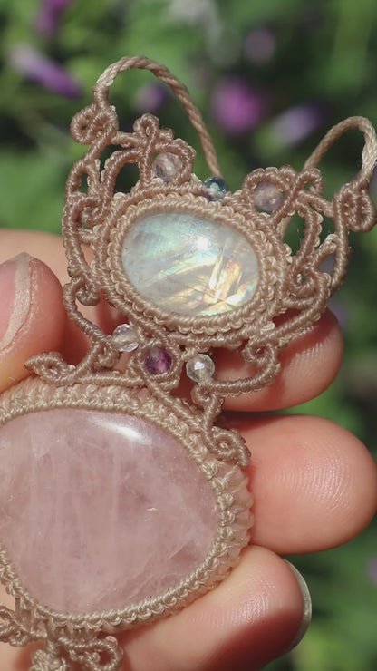 Rose quartz and moonstone pendant with aquamarine teardrop