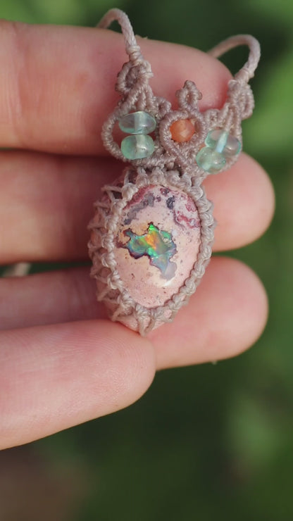 Orange and turquoise Mexican opal necklace with paraiba blue apatite beads | Handmade Macrame Jewelry