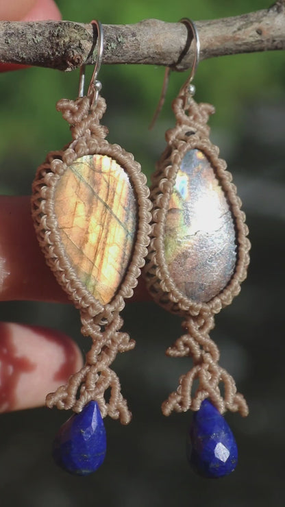 Glowing sunset labradorite earrings with lapis lazuli teardrop, 925 silver
