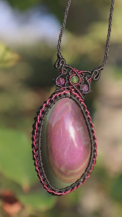 Purple and green rainbow obsidian necklace with tourmaline beads | Handmade Macrame Jewelry