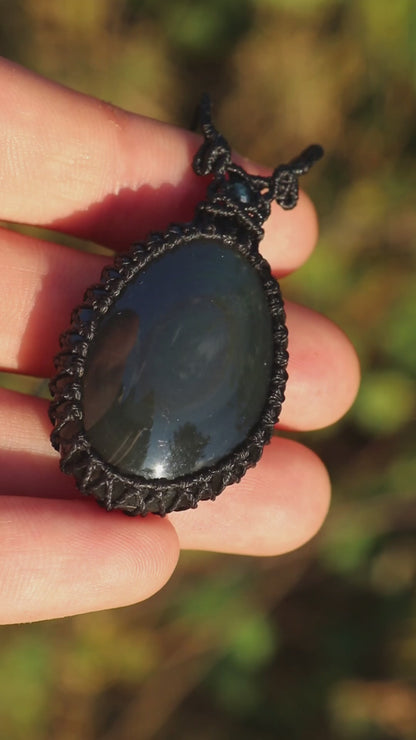 Teal blue rainbow obsidian necklace with teal tourmaline beads | Handmade Macrame Jewelry