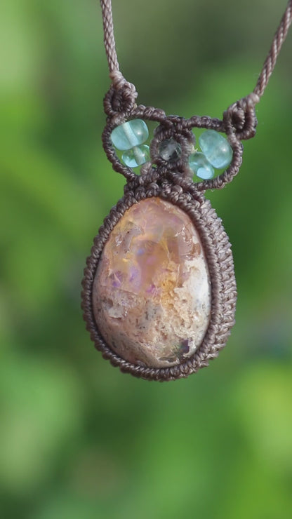 Green and purple Mexican opal pendant | Handmade Macrame Jewelry