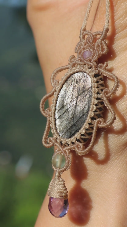 Silver and purple labradorite pendant with amethyst and fluorite beads