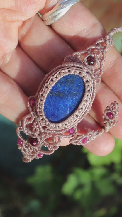 Lapis lazuli bracelet, asymmetrical design with garnet and ruby beads