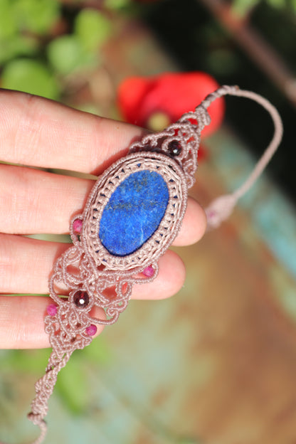 Lapis lazuli bracelet, asymmetrical design with garnet and ruby beads