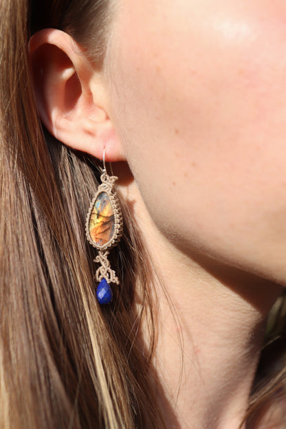 Glowing sunset labradorite earrings with lapis lazuli teardrop, 925 silver