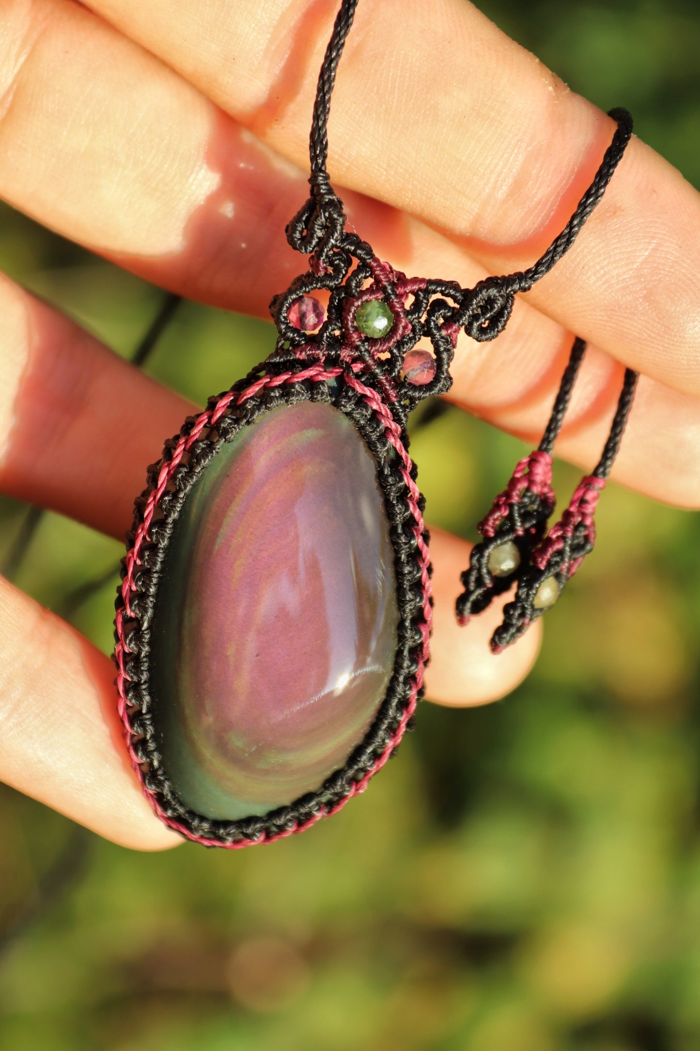 Purple and green rainbow obsidian necklace with tourmaline beads | Handmade Macrame Jewelry