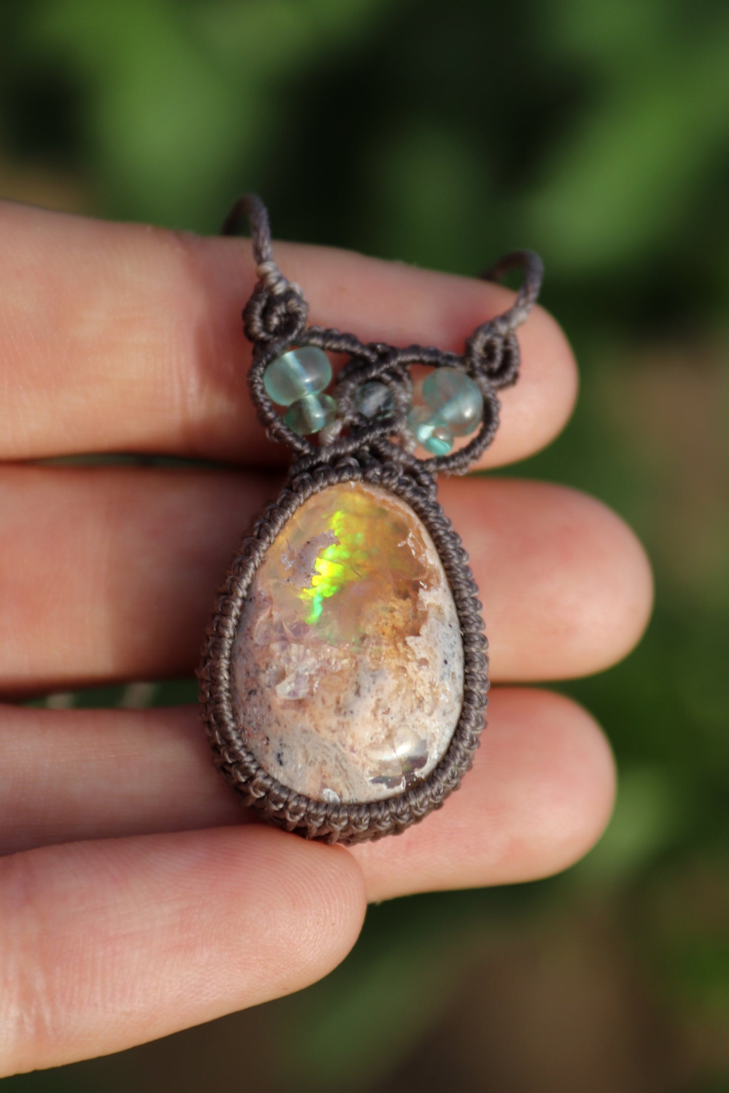 Green and purple Mexican opal pendant | Handmade Macrame Jewelry