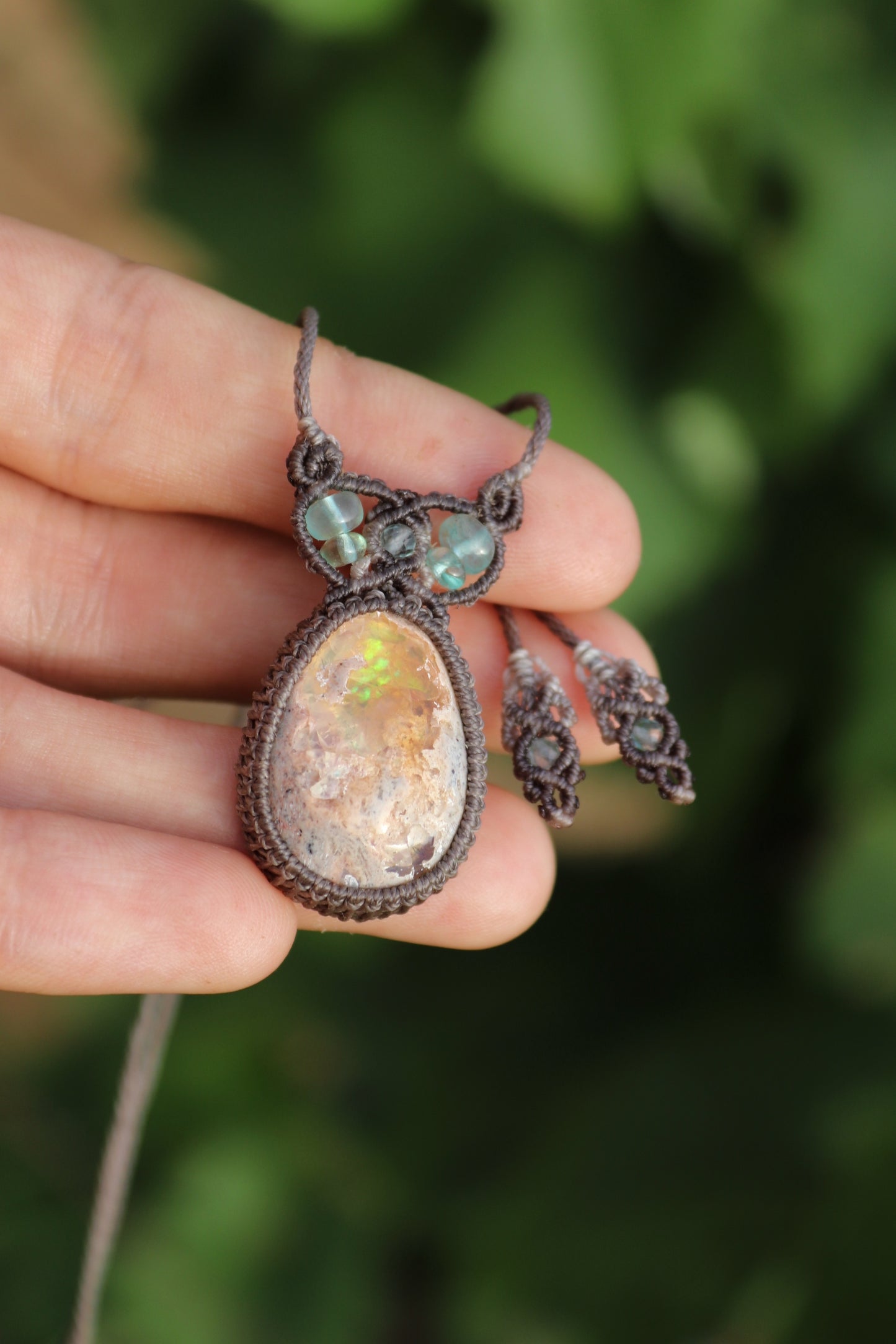 Green and purple Mexican opal pendant | Handmade Macrame Jewelry