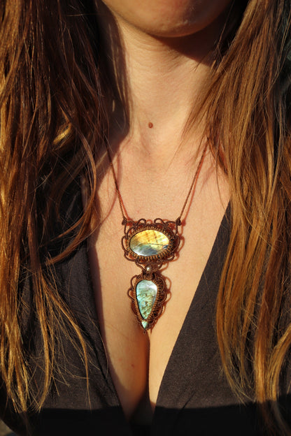Elegant double labradorite pendant - golden sunset | Handmade Macrame Jewelry