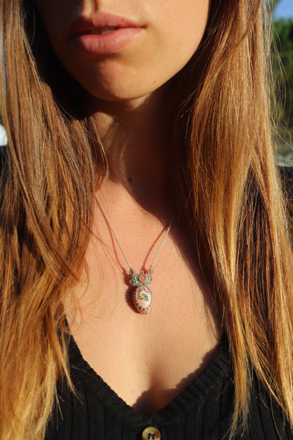 Orange and turquoise Mexican opal necklace with paraiba blue apatite beads | Handmade Macrame Jewelry