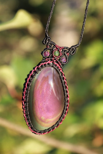 Purple and green rainbow obsidian necklace with tourmaline beads | Handmade Macrame Jewelry