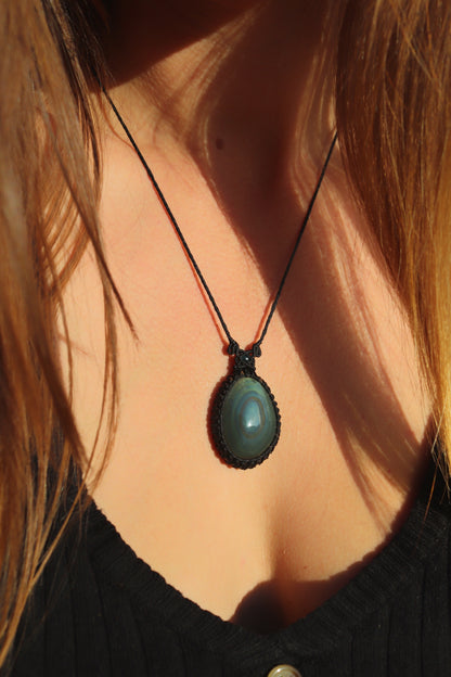 Teal blue rainbow obsidian necklace with teal tourmaline beads | Handmade Macrame Jewelry