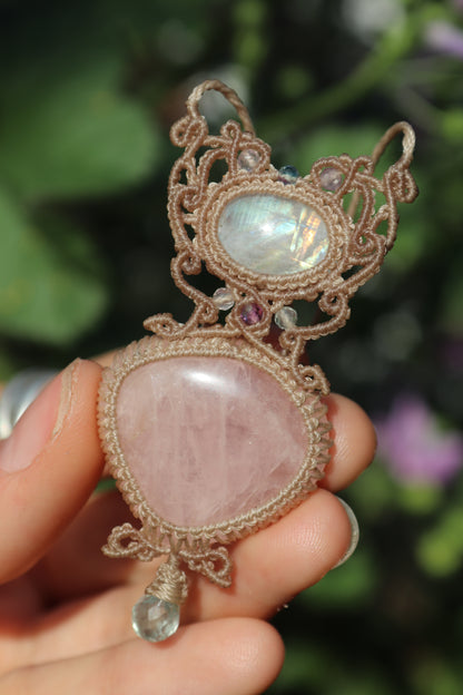 Rose quartz and moonstone pendant with aquamarine teardrop