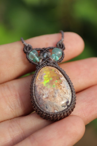 Green and purple Mexican opal pendant | Handmade Macrame Jewelry