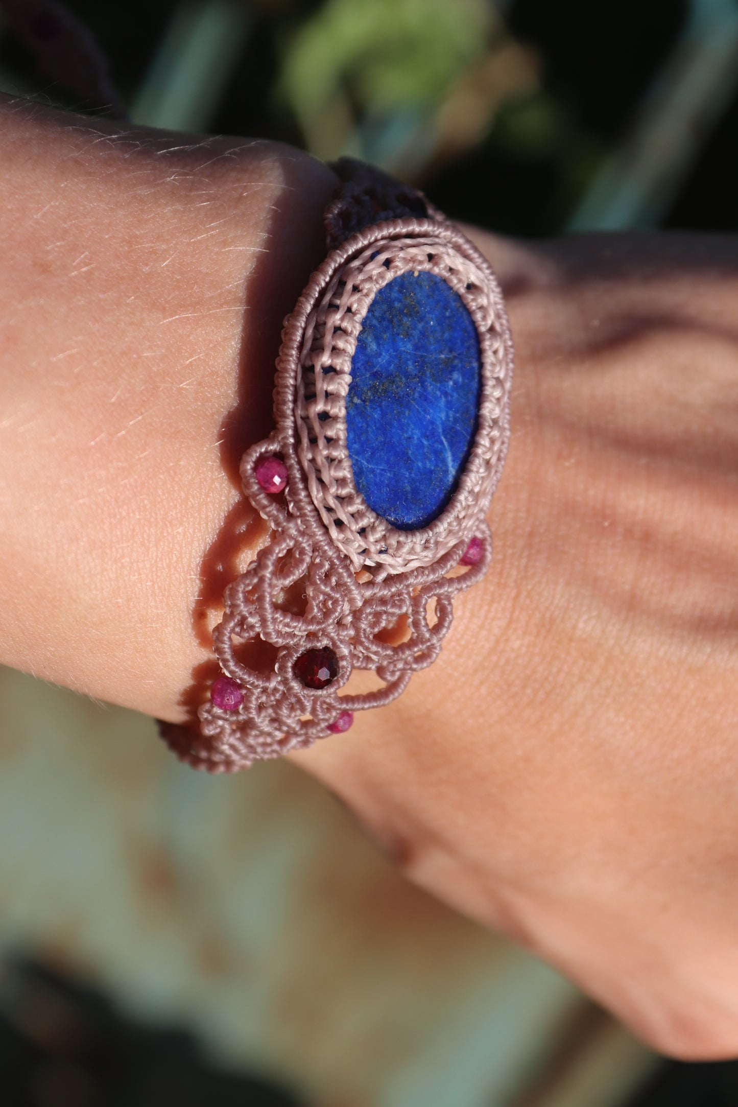 Lapis lazuli bracelet, asymmetrical design with garnet and ruby beads