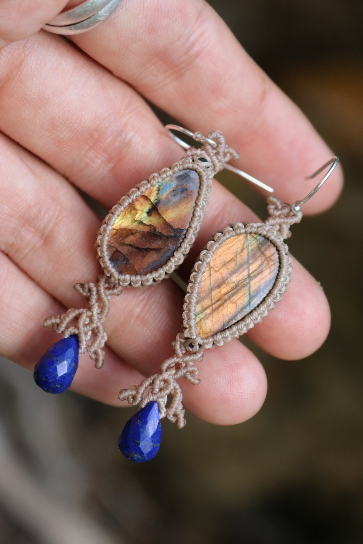 Glowing sunset labradorite earrings with lapis lazuli teardrop, 925 silver
