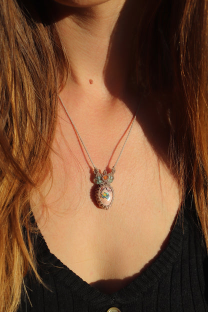Orange and turquoise Mexican opal necklace with paraiba blue apatite beads | Handmade Macrame Jewelry
